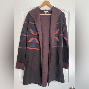 Toad&Co Merrit Hoodie Charoal Rust Blue Aztec Merino Wool Cardigan